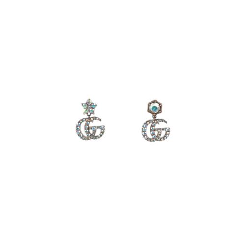 GUCCI GG Logo 花朵及星星水晶墜飾造型針式耳環(古銅金)
