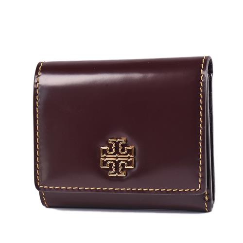 TORY BURCH BRITTEN 滑面皮革釦式三折短夾-丹魄酒紅