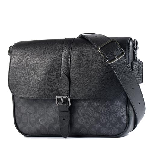 COACH 男款 荔枝紋拚緹花LOGO防刮拉鍊斜背郵差包-灰黑