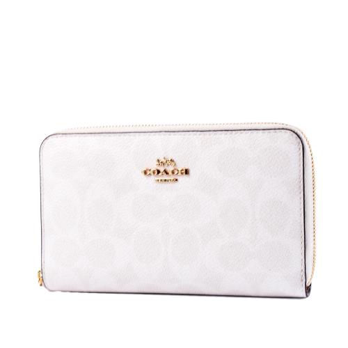 COACH 緹花LOGO防刮皮革拉鍊中夾-純白