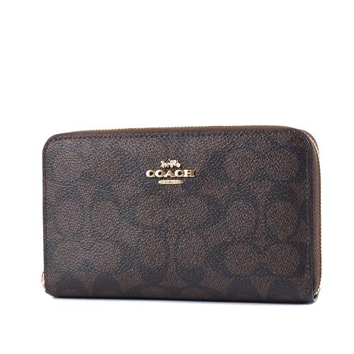 COACH 緹花LOGO防刮皮革拉鍊中夾-咖啡色