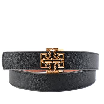 TORY BURCH 金屬鏤空LOGO防刮雙面用窄版皮帶-黑/焦糖色