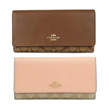 COACH 金屬馬車LOGO皮革拼接三折釦式長夾 棕色.粉色