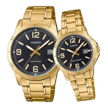 【CASIO 卡西歐】金色年華-時尚情人 指標對錶 不鏽鋼錶帶 生活防水 (MTP-V004G-1B+LTP-V004G-1B)