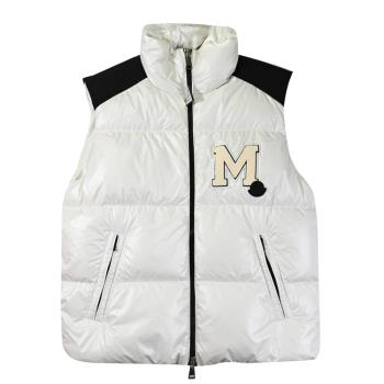 MONCLER 品牌M LOGO徽章雙向拉鍊羽絨背心.白/黑邊