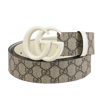 GUCCI 400593 GG Marmont 塗層金屬LOGO緹花皮革皮帶.白邊
