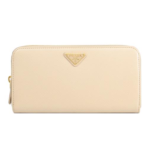 PRADA 1ML506 三角LOGO防刮牛皮ㄇ字拉鍊寬版長夾.米白