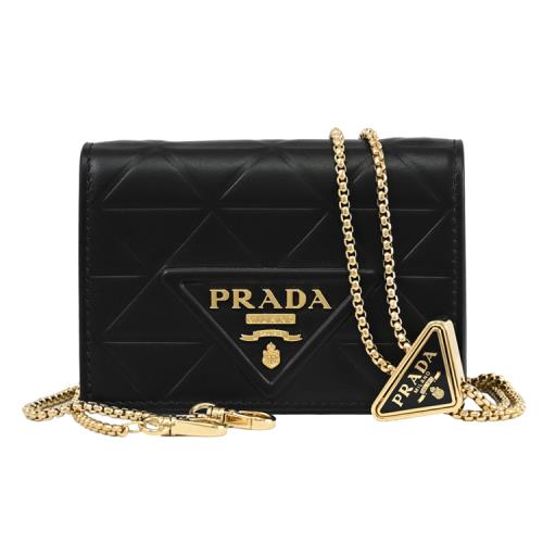 PRADA 1MR024 浮雕LOGO壓紋可斜背鏈帶零錢包/小廢包.黑