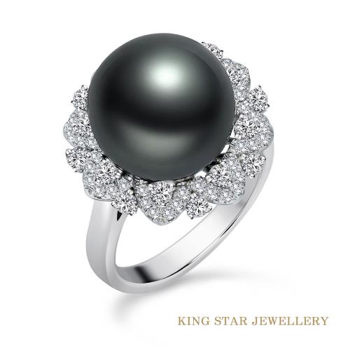 King Star PT950 天然南洋黑珍珠 繁花天然鑽石戒指 (附GIA證書)