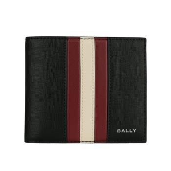 BALLY Mythos 紅白條紋再生牛皮對開8卡短夾(黑色)