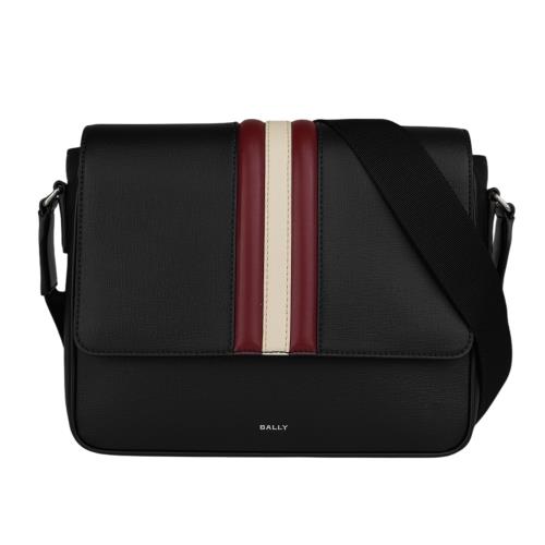 BALLY Mythos 紅白條紋再生牛皮翻蓋郵差包(黑色)