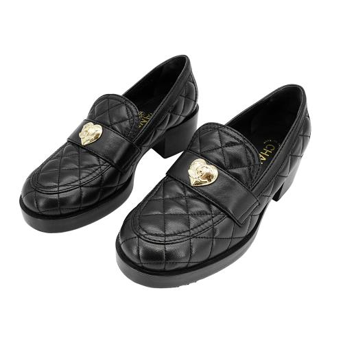 Chanel 展示品 羊皮愛心金logo高跟樂福鞋#36.5 (G39697-黑)