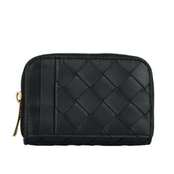 BOTTEGA VENETA Intrecciato 小羊皮編織拉鍊卡包/零錢包(黑色) 708590 VCPP3 8425