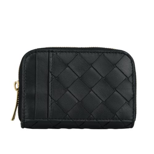 BOTTEGA VENETA Intrecciato 小羊皮編織拉鍊卡包/零錢包(黑色) 708590 VCPP3 8425