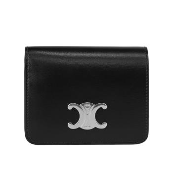 CÉLINE TRIOMPHE 銀釦小牛皮拉鍊零錢袋二折凱旋門短夾(黑色)