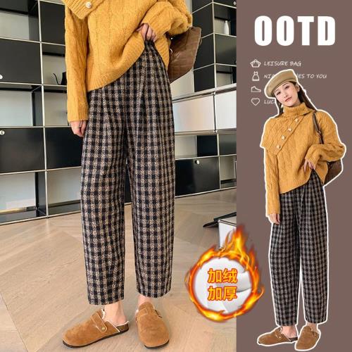  AKARA 英式休閒保暖絨格紋高腰哈倫長褲(時尚 / 保暖 / 激瘦腿型 /中大尺碼)