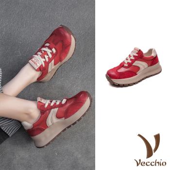 【VECCHIO】真皮拼接撞色厚底休閒鞋/真皮頭層皮革拼接撞色流線厚底運動休閒鞋 女鞋 紅