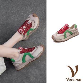 【VECCHIO】真皮彩色拼接休閒運動鞋/真皮頭層皮革彩色線條拼接復古休閒運動鞋 女鞋 紅