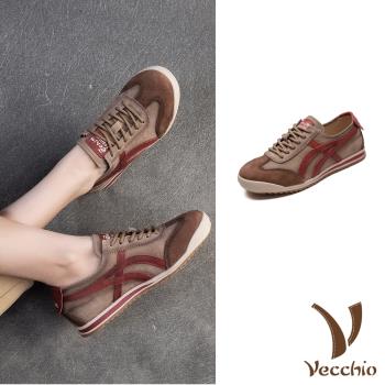 【VECCHIO】真皮流線平底德訓鞋/真皮頭層牛皮復古流線拼色平底德訓鞋 休閒鞋 女鞋 棕