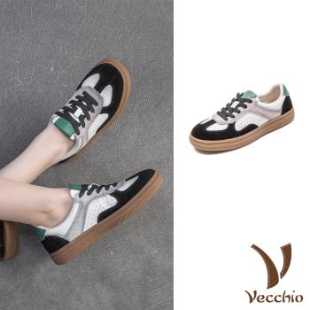 【VECCHIO】真皮彩色絨面平底休閒鞋/真皮彩色絨面拼接復古平底休閒鞋 女鞋 黑