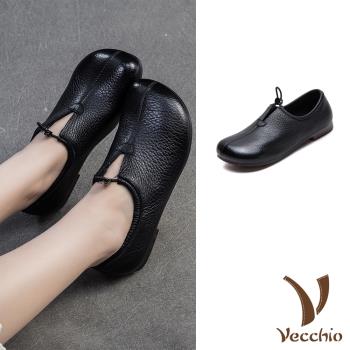 【VECCHIO】全真皮束口低跟樂福鞋/全真皮頭層牛皮便利束口復古百搭低跟樂福鞋 女鞋 黑