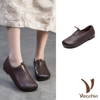 【VECCHIO】全真皮束口低跟樂福鞋/全真皮頭層牛皮便利束口復古百搭低跟樂福鞋 女鞋 棕