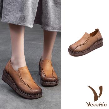 【VECCHIO】全真皮拼接坡跟樂福鞋/全真皮頭層牛皮復古拼接縫線坡跟樂福鞋 女鞋 棕