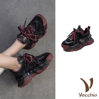 【VECCHIO】真皮拼接厚底老爹鞋/真皮頭層皮革華麗細閃拼接潮流厚底老爹鞋 休閒鞋 女鞋 黑