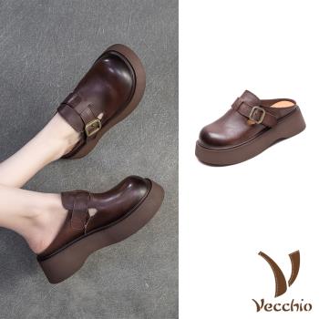 【VECCHIO】真皮皮帶釦厚底包頭拖鞋/真皮頭層牛皮復古皮帶釦飾厚底包頭拖鞋 女鞋 棕