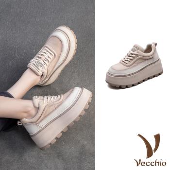【VECCHIO】真皮鬆糕厚底休閒鞋/真皮頭層牛皮復古運動風鬆糕厚底休閒鞋 女鞋 米