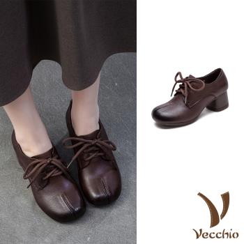 【VECCHIO】真皮寬楦粗跟牛津鞋/真皮頭層牛皮寬楦繫帶粗跟牛津鞋 女鞋 咖