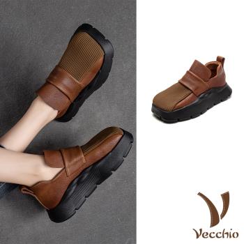 【VECCHIO】全真皮拼接厚底樂福鞋/全真皮頭層牛皮復古百搭拼接一字帶厚底樂福鞋 女鞋 棕