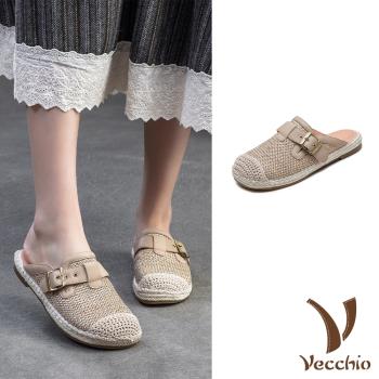 【VECCHIO】全真皮編織包頭低跟拖鞋/全真皮頭層牛皮透氣編織經典包頭低跟拖鞋 女鞋 棕