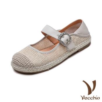 【VECCHIO】全真皮兩穿低跟娃娃鞋/全真皮頭層牛皮兩穿法設計透氣織物拼接一字帶低跟娃娃鞋 女鞋 米