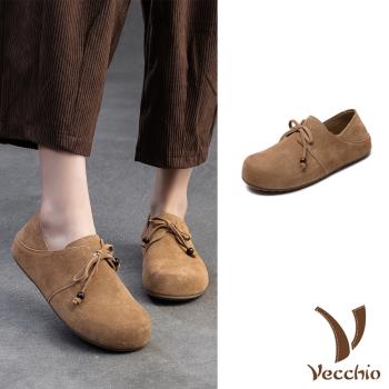 【VECCHIO】翻絨牛皮兩穿平底休閒鞋/真皮翻絨牛皮復古小圓頭兩穿法平底休閒鞋 女鞋 棕