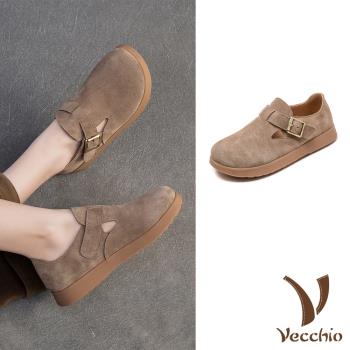 【VECCHIO】真皮釦飾平底休閒鞋/真皮頭層牛皮復古皮帶釦飾大圓頭平底休閒鞋 女鞋 灰