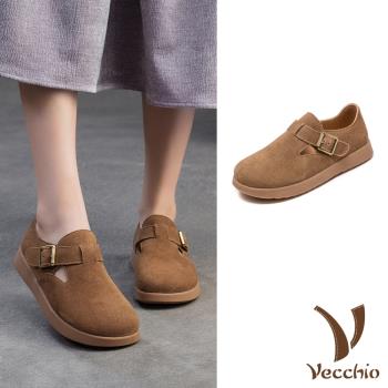 【VECCHIO】真皮釦飾平底休閒鞋/真皮頭層牛皮復古皮帶釦飾大圓頭平底休閒鞋 女鞋 卡其