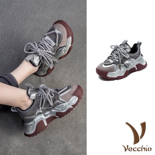 【VECCHIO】真皮拼接厚底老爹鞋/真皮頭層皮革華麗細閃拼接潮流厚底老爹鞋 休閒鞋 女鞋 銀