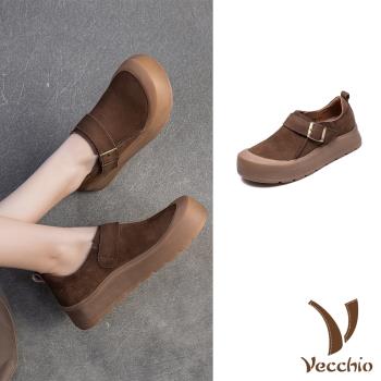【VECCHIO】真皮金屬釦厚底樂福鞋/真皮頭層牛皮金屬皮帶釦飾餅乾厚底樂福鞋 女鞋 棕
