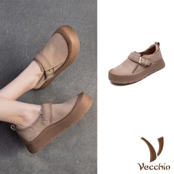 【VECCHIO】真皮金屬釦厚底樂福鞋/真皮頭層牛皮金屬皮帶釦飾餅乾厚底樂福鞋 女鞋 卡其