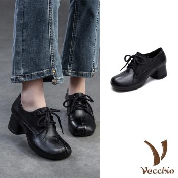 【VECCHIO】真皮寬楦粗跟牛津鞋/真皮頭層牛皮寬楦繫帶粗跟牛津鞋 女鞋 黑