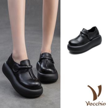 【VECCHIO】真皮一字鬆糕厚底樂福鞋/真皮頭層牛皮復古百搭個性立體一字繩飾鬆糕厚底樂福鞋 女鞋 黑