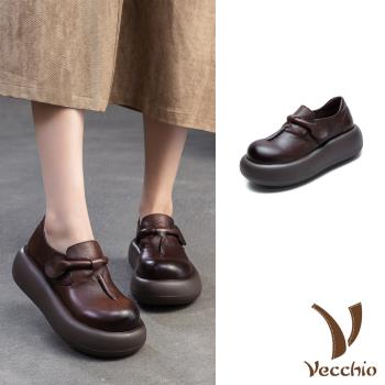 【VECCHIO】真皮一字鬆糕厚底樂福鞋/真皮頭層牛皮復古百搭個性立體一字繩飾鬆糕厚底樂福鞋 女鞋 咖