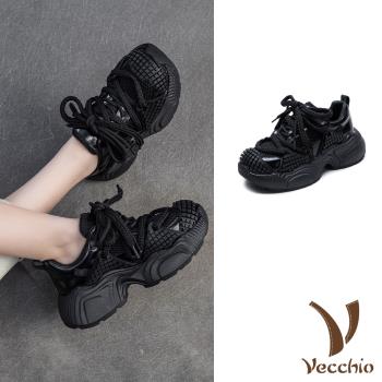 【VECCHIO】真皮格子網布厚底運動鞋/真皮頭層牛皮潮流格子網布輪胎厚底休閒運動鞋 女鞋 黑