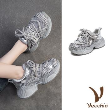 【VECCHIO】真皮格子網布厚底運動鞋/真皮頭層牛皮潮流格子網布輪胎厚底休閒運動鞋 女鞋 銀