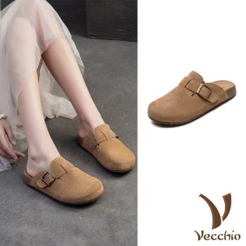 【VECCHIO】翻絨牛皮寬楦包頭拖鞋/真皮翻絨牛皮金屬皮帶釦寬楦包頭拖鞋 女鞋 棕