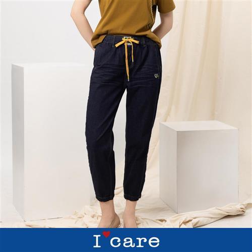 現貨【ICare 依卡】跳色抽繩休閒牛仔長褲（M-L）｜女休閒長褲 牛仔長褲 抽繩褲