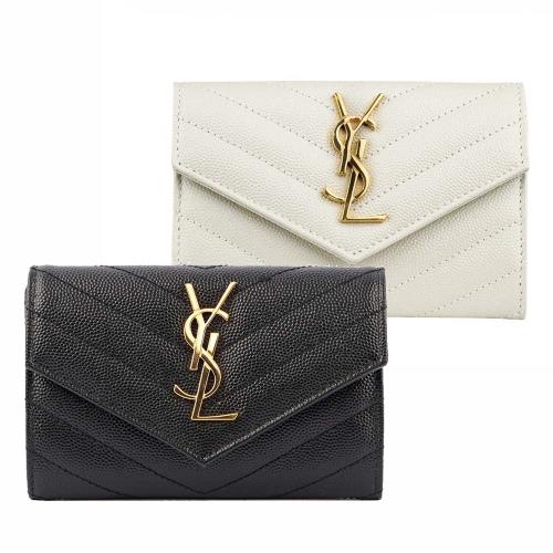 YSL 山形紋荔枝皮金字logo小卡/短夾(任選) 414404 BOW01