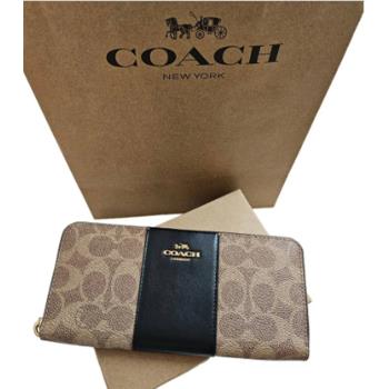 COACH Signature 經典塗層帆布牛皮拉鍊長夾 專櫃款禮盒組 黑色