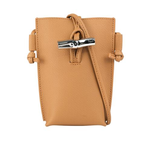 LONGCHAMP Roseau 竹節釦滾邊設計牛皮手機包(胡桃木色)